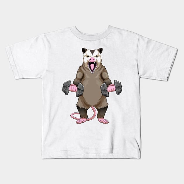 Opossum Bodybuilding Dumbbells Kids T-Shirt by Markus Schnabel